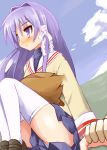  blush clannad fujibayashi_kyou long_hair purple_eyes purple_hair ribbon school_uniform thigh-highs thighhighs violet_eyes 