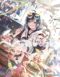  1other ahoge balloon black_shirt blurry cake choker commentary_request company_name confetti copyright_notice depth_of_field eyewear_on_head flower food fork fruit green_hair grin happy_birthday heart_balloon holding holding_fork looking_at_viewer nijisanji official_alternate_costume official_alternate_hairstyle official_art red_choker ryuushen ryuushen_(5th_costume) sample_watermark shirt smile solo star_balloon strawberry teeth tiered_tray violet_eyes virtual_youtuber watermark white_flower xiao_(creation0528) 