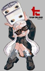  arms_up black-framed_eyewear black_shirt black_shorts blunt_bangs brown_shoes collared_shirt commentary dolphin_shorts glasses grey_background grey_hair holding holding_weapon inkling_(language) inkling_girl inkling_player_character invisible_chair loafers long_sleeves maco_spl open_mouth rectangular_eyewear shirt shoes short_hair_with_long_locks short_shorts shorts simple_background sitting sloshing_machine_(splatoon) smile socks splatoon_(series) twitter_username weapon white_socks 