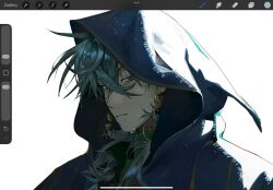  1boy aqua_hair blue_robe closed_mouth commentary_request earrings english_text gohagan_(unholymilk) hair_between_eyes highres hood hood_up hooded_robe jewelry long_hair looking_at_viewer male_focus nose original portrait robe sidelighting solo thai_commentary unfinished unholymilk user_interface wet wet_clothes 