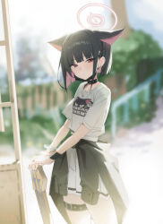  1girl absurdres animal_ears bass_guitar belt black_belt black_choker black_hair black_mask blue_archive blush bracelet cat_ears choker clothes_around_waist clothes_writing colored_inner_animal_ears colored_inner_hair commentary_request cowboy_shot ear_piercing earclip earrings english_text extra_ears hair_ornament hairclip halo highres instrument jacket jacket_around_waist jewelry kazusa_(blue_archive) looking_at_viewer mask_lift multicolored_hair official_alternate_costume outdoors p1n piercing pink_eyes pink_hair pink_halo print_shirt ring shirt shirt_tucked_in short_sleeves skirt solo spiked_choker spikes thigh_belt thigh_strap white_shirt white_skirt 