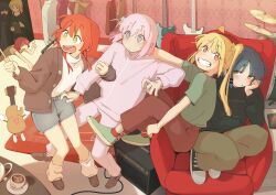  4girls absurdres black_shirt blue_eyes blue_hair bocchi_the_rock! cup english_commentary gotoh_hitori green_eyes green_shirt hand_on_own_cheek hand_on_own_face highres ijichi_nijika jacket kessoku_band kita_ikuyo long_hair looking_at_viewer machuuu68 multiple_girls one_side_up open_clothes open_jacket pink_hair pink_track_suit red_hair shirt teacup track_suit white_shirt yamada_ryo yellow_eyes 