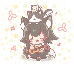 1girl :d ^_^ animal animal_ear_fluff animal_ears animal_on_head black_hair black_shoes black_skirt blush_stickers braid brown_jacket brown_socks cat chibi closed_eyes commentary_request fang floral_background highres holding holding_instrument hololive instrument jacket long_sleeves mitarashi_neko multicolored_hair music on_head ookami_mio ookami_mio_(street) open_clothes open_jacket playing_instrument pleated_skirt puffy_long_sleeves puffy_sleeves red_hair shadow shirt shoes sitting skirt smile socks solo streaked_hair tail ukulele virtual_youtuber white_background white_shirt wolf_ears wolf_girl wolf_tail 