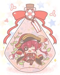  1girl :d ^_^ bare_shoulders bicorne black_boots black_hat black_jacket boots bottle bow brown_leotard brown_thighhighs character_name chibi closed_eyes colored_shadow commentary_request covered_navel eyepatch fang fold-over_boots hair_ribbon hat highres hololive houshou_marine houshou_marine_(1st_costume) in_bottle in_container jacket leotard leotard_under_clothes long_sleeves mitarashi_neko open_clothes open_jacket pleated_skirt red_bow red_hair red_jacket red_ribbon red_skirt ribbon shadow skirt sleeveless sleeveless_jacket sleeves_past_fingers sleeves_past_wrists smile solo star_(symbol) thigh-highs thighhighs_under_boots twintails virtual_youtuber white_background 