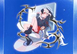  aoore_x64 black_hair blue_archive blue_background cd choker colored_tips commentary curled_up earphones floating floating_hair grey_halo halo horns kayoko_(blue_archive) long_sleeves looking_at_viewer multicolored_hair portable_media_player red_eyes shirt single_wing skirt stepping_on_object untranslatable_commentary walkman white_hair wings 