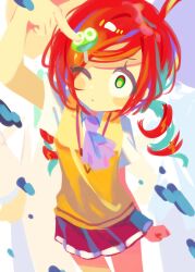  1girl 2boys ahoge andou_ringo arm_up ascot blob blush character_hair_ornament drill_hair green_eyes hair_ornament hand_on_own_hip lab_coat medium_hair multiple_boys offbeat one_eye_closed pleated_skirt pointing purple_ascot purple_hair puyopuyo red_hair red_skirt risukuma_(puyopuyo) sasaki_maguro shirt skirt solo_focus sweater_vest swept_bangs twin_drills white_shirt yellow_sweater_vest 