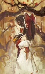  1girl ascot bow brown_eyes brown_hair closed_mouth commentary_request detached_sleeves frilled_bow frilled_hair_tubes frills hair_bow hair_tubes hakurei_reimu haruaki_(onkai_planaria) long_hair red_bow ribbon-trimmed_sleeves ribbon_trim smile solo touhou yellow_ascot 