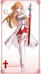  1girl absurdres ankle_boots armor asuna_(sao) bare_shoulders belt boots border braid breastplate breasts brown_eyes brown_hair character_name closed_mouth commentary_request detached_sleeves dress expressionless floating frown grey_armor grey_trim half_up_half_down_braid hands_up high_collar highres holding holding_sheath holding_sword holding_weapon knights_of_blood_uniform_(sao) long_hair medium_breasts medium_dress miniskirt ornate_border parted_bangs pleated_skirt rapier red_border red_skirt red_trim scabbard senkuma777 sheath shirt simple_background skirt sleeveless sleeveless_dress sleeves_past_wrists solo split_mouth sword sword_art_online thigh-highs turtleneck turtleneck_dress unsheathing weapon white_background white_belt white_dress white_shirt white_sleeves white_thighhighs white_trim zettai_ryouiki 