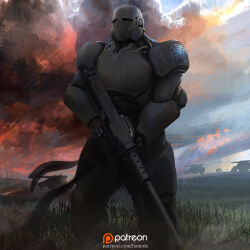  1other ambiguous_gender armor breastplate clouds english_commentary full_armor grass grasslands gun hammk heavy_machine_gun helmet highres holding holding_gun holding_weapon hovercraft huge_weapon machine_gun military_vehicle original outdoors patreon_logo patreon_username pauldrons power_armor science_fiction shoulder_armor sky solo upper_body vambraces watercraft weapon 
