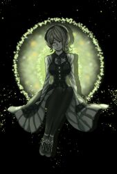  1girl anklet badge bikini black_background black_boots black_dress black_gloves black_pantyhose blonde_hair boots breasts buttons circle closed_mouth collared_shirt commentary_request contrast_collar danganronpa_(series) danganronpa_v3:_killing_harmony dress expressionless eyelashes eyes_visible_through_hair footwear_ribbon frilled_dress frilled_shirt_collar frills frown full_body gloves green_eyes hair_over_eyes highres jewelry large_breasts light_particles lips long_dress long_sleeves looking_to_the_side maid_headdress necktie o-ring o-ring_bikini pantyhose pinafore_dress pleated_dress purple_necktie ribbon shadow shirt shiruko_(mikan4649) short_hair sitting sleeveless sleeveless_dress sleeves_past_wrists solo swimsuit tojo_kirumi white_ribbon white_shirt 