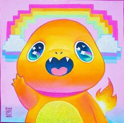  artist_name blue_background charmander clouds commentary english_commentary fangs fire flame-tipped_tail gradient_background highres no_humans open_mouth pink_background pixelated pokemon pokemon_(creature) rainbow rian_gonzales solo tail traditional_media 