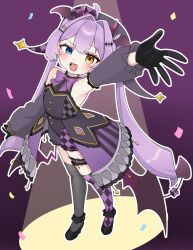  1girl abc_d3fg absurdres arm_up armpits black_dress black_gloves black_shoes blue_eyes blush commentary_request commission confetti demon_girl demon_horns demon_tail detached_sleeves dress gloves grey_thighhighs hair_ornament heterochromia high_heels highres horns long_hair looking_at_viewer multicolored_dress open_mouth original purple_background purple_dress purple_hair purple_ribbon purple_thighhighs ribbon shoes skeb_commission smile solo standing tail teeth thigh-highs upper_teeth_only very_long_hair yellow_eyes 