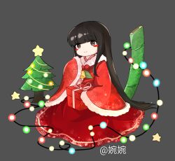  1girl alternate_costume bamboo blush_stickers box brown_eyes brown_hair chinese_commentary christmas christmas_tree closed_mouth commentary_request deformed full_body fur-trimmed_sleeves fur_trim gift gift_box grey_background highres houraisan_kaguya long_hair long_sleeves looking_at_viewer red_shirt red_skirt santa_costume shirt simple_background sitting skirt smile snowflake_print solo star_(symbol) string_of_light_bulbs touhou very_long_hair wide_sleeves wu_yu_wanwan 