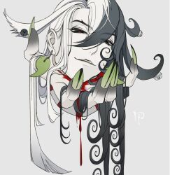  1boy ashiya_douman_(fate) asymmetrical_hair bell black_eyes black_hair blood blood_on_hands cropped_head earrings fate/grand_order fate_(series) fingernails green_nails grey_background hair_bell hair_between_eyes hair_intakes hair_ornament highres in_palm jewelry lein82459 long_hair looking_at_viewer magatama magatama_earrings male_focus multicolored_hair sharp_fingernails simple_background smile solo split-color_hair two-tone_hair white_hair 