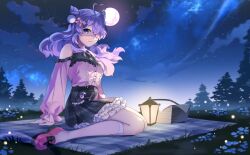  1girl ahoge black_skirt blue_eyes bow closed_mouth clouds eyepatch flower frilled_skirt frills full_moon grass hair_bow hair_horns harisun_studios heart heart_ahoge highres indie_virtual_youtuber lantern long_hair long_sleeves looking_at_viewer moon night picnic_basket picnic_blanket pink_shoes pleated_skirt purple_hair rachie_(utaite) shoes skirt sky solo star_(sky) starry_sky tree virtual_youtuber 
