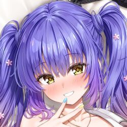  1girl :d black_bra blue_hair blue_nails blush bra collarbone commentary_request dakimakura_(medium) eyelashes eyes_visible_through_hair flower gradient_hair grin gyaru hair_between_eyes hair_flower hair_ornament hand_up jewelry kohibari_kurumi kuria_(clear_trip_second) long_hair looking_at_viewer mizuka_academy_school_uniform multicolored_hair nail_polish necklace nose_blush open_clothes open_shirt pink_flower portrait school_uniform second-party_source shirt sidelocks single_bare_shoulder smile solo sweatdrop tenshi_souzou_re-boot! twintails underwear unworn_bra v white_shirt yellow_eyes yellow_nails 