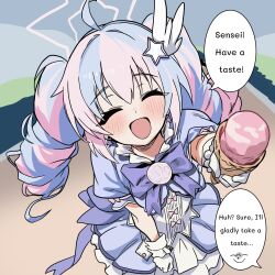  1girl ahoge blue_archive closed_eyes doodle_sensei_(blue_archive) drill_hair earrings english_text food gloves hair_ornament halo highres holding holding_food holding_ice_cream ice_cream jewelry kiziriz light_blush looking_at_viewer magical_girl multicolored_hair open_mouth outdoors pink_hair pointing pointing_at_viewer pov puffy_sleeves purple_hair reisa_(blue_archive) reisa_(magical)_(blue_archive) sensei_(blue_archive) simple_background solo_focus star_(symbol) star_earrings star_hair_ornament star_halo twin_drills white_gloves 