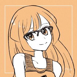  1girl becca_(pokemon) black-framed_eyewear closed_mouth collarbone commentary glasses long_hair looking_at_viewer meru_merume603 orange_background orange_eyes orange_hair pokemon pokemon_champions semi-rimless_eyewear shirt signature sleeveless sleeveless_shirt smile solo upper_body 