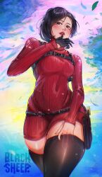  1girl absurdres ada_wong black_eyes black_hair blacksheepdraws blush crossed_legs dress gloves highres looking_down pants red_dress resident_evil ribbed_dress short_hair solo tight_clothes tight_pants turtleneck turtleneck_dress watermark yellow_background 