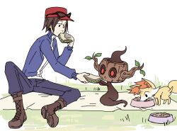  1boy alex_law blue_jacket blue_pants boots bowl brown_boots brown_hair calem_(pokemon) eating eyewear_on_headwear fennekin food grass hat holding holding_food holding_sandwich jacket pants pet_bowl phantump pokemon pokemon_(creature) pokemon_x_and_y red_hat sandwich short_hair sitting 