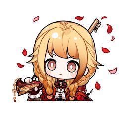  1girl arm_warmers artist_request belt black_corset blonde_hair blush_stickers bow braid bright_pupils brown_arm_warmers brown_collar brown_eyes center_frills chibi cloak closed_mouth collar corset cropped_torso detached_collar determined falling_petals flower frilled_arm_warmers frilled_shirt frills frown gun hair_bow hair_ornament hair_over_shoulder heart heart_hair_ornament holding holding_gun holding_weapon hood hood_down hooded_cloak infinity_nikki long_hair looking_at_viewer low_twin_braids musket nikki_(series) official_art over_shoulder petals red_belt red_bow red_cloak red_flower red_rose rose rose_petals she_is_wildfire_(infinity_nikki) shirt side_braids solo sticker_(medium) tareme transparent_background twin_braids v-shaped_eyebrows weapon weapon_over_shoulder white_pupils white_shirt 