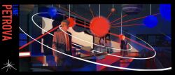  2boys astronomy belt blonde_hair character_request classroom coat glasses highres impressionism itsiitsubox multiple_boys necktie overcoat pants project_hail_mary pulsar_map red_necktie scenery shadow solar_system suit sun suprematism whiteboard 