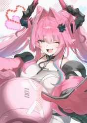  1girl :d absurdres aqua_hair aqua_streaks arknights arknights:_endfield bare_shoulders black_gloves black_horns black_sleeves blue_eyes blush breasts commentary_request detached_sleeves english_commentary fang gloves heart highres horns large_breasts long_hair long_sidelocks looking_at_viewer mixed-language_commentary multicolored_gloves multicolored_hair multicolored_horns multicolored_sleeves negidesu1105 one_eye_closed open_mouth pants pink_gloves pink_hair pink_horns pink_sleeves pointy_ears robot shirt sidelocks simple_background smile streaked_hair tail two-tone_gloves two-tone_hair two-tone_horns two-tone_sleeves upper_body white_background white_pants white_shirt yvonne_(arknights) 