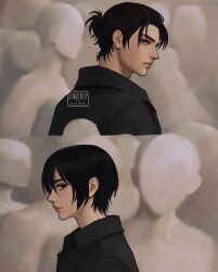  1boy 1girl artist_name black_hair black_jacket closed_mouth commentary eren_yeager green_eyes grey_eyes hair_between_eyes highres jacket mannequin medium_hair mikasa_ackerman parted_bangs pink_lips shingeki_no_kyojin short_hair sumiensp untranslatable_commentary updo upper_body 