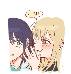  2girls black_hair blonde_hair blush cho_kaguya-hime! commentary_request grin kaguya_(cho_kaguya-hime!) korean_text looking_at_another medium_hair mole mole_under_eye multiple_girls neeuhn portrait sakayori_iroha smile translation_request whispering_in_ear white_background yuri 