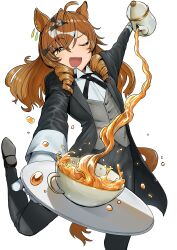  1girl absurdres ahoge alternate_costume amik0824 animal_ears black_bolo_tie black_jacket black_pants black_shoes brown_hair butler collared_shirt commentary_request cup dress_shirt drill_hair earrings female_butler grey_vest hair_between_eyes highres holding holding_kettle holding_saucer horse_ears horse_girl horse_tail jacket jewelry jungle_pocket_(umamusume) kettle long_hair multicolored_hair notched_ear open_mouth pants pouring saucer shirt shoes side_drill simple_background smile solo standing standing_on_one_leg streaked_hair tail tea teacup umamusume vest white_background white_hair white_shirt yellow_eyes 