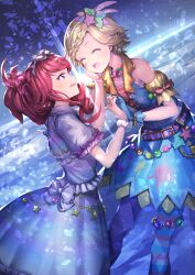  2girls :d aikatsu! aikatsu!_(series) belt blonde_hair blue_background blue_gloves blue_shirt blue_skirt braid closed_eyes commentary_request crescent dress feet_out_of_frame frilled_dress frilled_sleeves frills gloves hair_ornament hand_on_another's_cheek hand_on_another's_face highres holding_hands idol_clothes interlocked_fingers jewelry koruse kurebayashi_juri long_hair looking_at_another multiple_girls necklace open_mouth pink_dress ponytail profile red_hair shinjo_hinaki shirt short_hair skirt smile standing star_(symbol) star_hair_ornament violet_eyes 