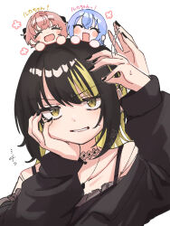  annoyed black_choker black_hair black_jacket black_nails blonde_streaks blue_hair choker closed_eyes eyelashes flower_symbol hair_ribbon hand_on_own_face highres idolmaster idolmaster_shiny_colors ikaruga_luca ikuta_haruki jacket jewelry multicolored_hair multiple_piercings necklace open_clothes pink_hair ribbon smile streaked_hair suzuki_hana swatting two-tone_hair white_background yellow_eyes zundasiba8 