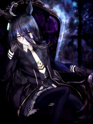  1girl absurdres ahoge animal_ears black_choker black_coat black_hair black_pantyhose black_shirt black_skirt blush breasts chair choker closed_mouth coat collared_shirt commentary_request ear_tag earrings hair_between_eyes hands_in_pockets highres horse_ears horse_girl jewelry long_hair long_hair_between_eyes long_sleeves magic_gate manhattan_cafe_(creeping_shadow)_(umamusume) manhattan_cafe_(umamusume) multicolored_hair necktie on_chair pantyhose shirt single_earring sitting skirt small_breasts solo umamusume white_hair yellow_eyes yellow_necktie 