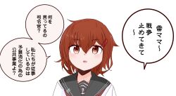  1girl absurdres anchor_symbol black_sailor_collar brown_eyes brown_hair commentary_request hair_between_eyes hair_ornament hairpin highres ikazuchi_(kancolle) kantai_collection looking_at_viewer neckerchief portrait red_neckerchief sailor_collar school_uniform serafuku shirt shouhou-san_daisuki_teitoku sidelocks upper_body white_background white_shirt 