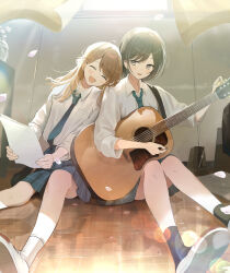  2girls ^_^ acoustic_guitar black_hair black_skirt black_socks blush brown_hair closed_eyes collared_shirt commentary_request curtains falling_petals flower grey_eyes guitar guitar_strap half_updo head_on_another's_shoulder highres holding holding_paper holding_plectrum indoors instrument lens_flare light_rays long_sleeves looking_at_another metronome multiple_girls open_mouth original paper petals photoshop_(medium) plaid_clothes plaid_skirt plectrum reflective_floor school_uniform sheet_music shirt shoes short_hair sitting skirt smile socks sunbeam sunlight tuning_instrument vase white_shirt white_shoes white_socks window wooden_floor yukimaru_nun 
