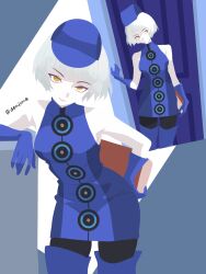  1girl artist_name blue_dress blue_gloves blue_hat book commentary donjimq dress elizabeth_(persona) gloves hat highres persona persona_3 signature sleeveless sleeveless_dress solo twitter_username yellow_eyes 