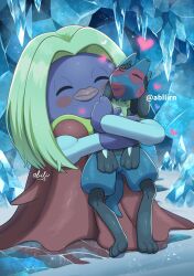  @_@ absurdres artist_name black_fur blonde_hair blue_fur blush_stickers cave_interior closed_eyes colored_skin dress heart highres hug ice jynx lipstick_mark lipstick_mark_on_face lucario pokemer pokemon pokemon_(creature) purple_skin red_dress signature 