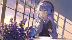  1girl ahoge beret black_ribbon blue_eyes blue_hair blue_nails blurry blurry_foreground blush braid closed_mouth clouds collared_shirt colored_inner_hair copyright_request crossed_bangs cup flower grey_shirt hair_between_eyes hair_ribbon hand_on_own_chin hat head_rest highres holding holding_pen holding_pencil indie_virtual_youtuber indoors kagura_nana long_hair long_sleeves looking_outside looking_to_the_side mug multicolored_hair nail_polish nana_kagura paper pen pencil pink_hair puffy_sleeves purple_flower purple_hair ribbon shirt sitting sky smile solo sunset two-tone_hair vest white_shirt window 