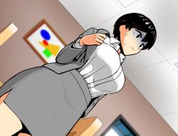  1girl black_hair blurry blurry_background breasts commentary_request cowboy_shot dutch_angle from_below gloom_(expression) grey_jacket highres jacket large_breasts miniskirt no_sclera office_lady original pencil_skirt shirt skirt solo sweat taut_clothes taut_shirt yama_batake 