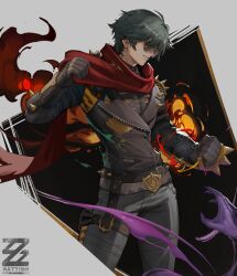 1boy black_gloves black_jacket fire gloves green_eyes green_hair hair_between_eyes hair_over_one_eye highres jacket lighter_(zenless_zone_zero) male_focus pants rattish_(rattish_ra) red_scarf scarf shirt short_hair shoulder_spikes smile solo spiked_belt spiked_jacket spikes standing sunglasses torn_clothes torn_scarf zenless_zone_zero 