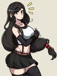  1girl absurdres black_eyes black_hair black_skirt breasts eyebrows_visible_through_hair final_fantasy final_fantasy_vii highres long_hair looking_at_viewer low-tied_long_hair masgamjya medium_breasts midriff navel skirt solo surprised thigh-highs tifa_lockhart very_long_hair 