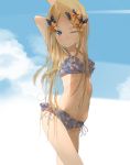  1girl ;) abigail_williams_(fate/grand_order) alternate_costume arm_behind_head arms_up bangs bikini black_bow blue_bikini blue_sky bow closed_mouth clouds day eyebrows_visible_through_hair fate/grand_order fate_(series) forehead frilled_bikini frills hair_bow hair_in_mouth long_hair looking_at_viewer navel one_eye_closed orange_bow outdoors parted_bangs polka_dot polka_dot_bow sakazakinchan sky smile solo standing swimsuit very_long_hair 