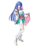  1girl ankle_boots armor bangs belt blue_eyes blue_hair boots breastplate caeda_(fire_emblem) cape closed_mouth dress elbow_gloves feather_trim fire_emblem fire_emblem:_mystery_of_the_emblem fire_emblem_heroes full_body gloves highres holding long_hair looking_at_viewer multiple_belts official_art pink_cape shiny shiny_hair short_dress shoulder_armor skirt_hold smile solo standing thigh-highs transparent_background white_legwear zettai_ryouiki 