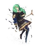  1girl bangs black_dress black_footwear blue_legwear boots bow detached_sleeves dress fire_emblem fire_emblem:_three_houses fire_emblem_heroes flayn_(fire_emblem) frills full_body gold_trim green_eyes green_hair hair_ornament hands_up highres knee_boots kousei_horiguchi long_hair long_sleeves looking_at_viewer looking_away official_art open_mouth pantyhose school_uniform shiny shiny_clothes shiny_hair solo staff torn_clothes torn_legwear transparent_background turtleneck 