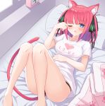  1girl ;o animal_ear_fluff animal_ears bangs bare_legs barefoot bed black_ribbon blanket blue_eyes blush breasts cat_ears cat_girl cat_tail clock clothes_writing english_text eyebrows_visible_through_hair feet_out_of_frame go-toubun_no_hanayome hair_ribbon hand_up heart heart_print highres indoors kemonomimi_mode knees_up looking_at_viewer lying medium_breasts nakano_nino no_pants on_back on_bed one_eye_closed parted_lips pillow print_shirt profnote redhead ribbon rubbing_eyes shirt short_sleeves sleepy solo tail two_side_up waking_up white_shirt 