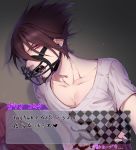  1boy absurdres beard brown_hair checkered checkered_floor collarbone commentary_request dangan_ronpa earrings facial_hair from_side highres jewelry knees_up looking_at_viewer male_focus momota_kaito muzzle nanin new_dangan_ronpa_v3 open_mouth pants pink_pants print_shirt purple_hair sharp_teeth shirt short_hair short_sleeves sitting smile solo spiky_hair teeth translation_request violet_eyes white_shirt 