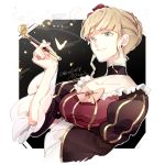  1girl beatrice_(umineko) blonde_hair blue_eyes braid braided_bun choker collarbone dress earrings flower frilled_choker frilled_dress frills hair_bun hair_flower hair_ornament highres jewelry pipe sofy umineko_no_naku_koro_ni yellow_butterfly 