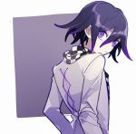  1202_koge 1boy bangs border checkered closed_mouth commentary_request dangan_ronpa eyebrows_visible_through_hair from_behind hair_between_eyes jacket looking_at_viewer looking_back male_focus new_dangan_ronpa_v3 ouma_kokichi outside_border purple_background purple_hair purple_theme ringed_eyes short_hair simple_background solo upper_body violet_eyes white_border white_jacket 