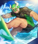  1boy ass bara black_hair bulge chest clouds cloudy_sky covered_nipples dark_skin dark_skinned_male facial_hair goatee gozu_farm green_eyes green_hair grin male_focus male_swimwear muscle outdoors short_hair sky smile solo summer surfboard swimwear taurus_mask thick_thighs thighs tight tokyo_houkago_summoners water water_drop wrestling_mask wrestling_outfit 
