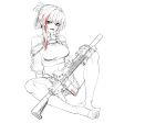  1girl alma01 alternate_costume assault_rifle bangs bare_shoulders braid breasts collar commentary eyebrows_visible_through_hair full_body girls_frontline greyscale gun hair_between_eyes hair_ornament highres long_hair looking_at_viewer m4_carbine m4_sopmod_ii m4_sopmod_ii_(girls_frontline) monochrome multicolored_hair off_shoulder open_mouth red_eyes redhead rifle scope short_shorts short_sleeves shorts sideboob sidelocks simple_background sitting smile solo streaked_hair suppressor weapon white_background 